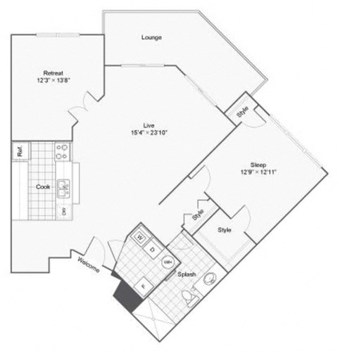 Floor plan for 1 bed, 1 bath, 1134 sqft